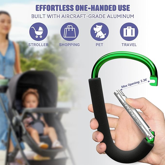 sprookber 6.7 Inch Large Stroller Hooks for Diaper Bags & Purses, Heavy Duty Mommy Hooks for Shopping, Grocery, Backpack – Baby Stroller Accessories, Set of 2 (Green)-BubblyBeeBaby