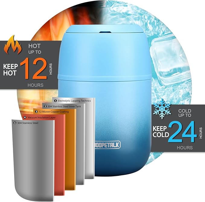 17 oz Insulated Lunch Containers, Hot Food Jar, Wide Mouth, Vacuum Stainless Steel Thermo Lunch Box with Handle and Folding Spoon, Blue-BubblyBeeBaby