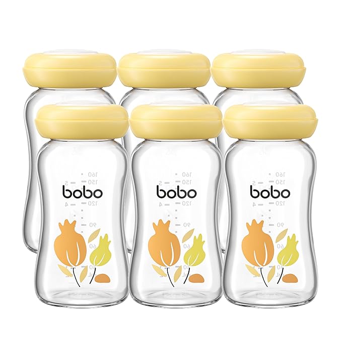 YOHKOH Breast Milk Storage Bottles - Wide Neck Glass Breastmilk Storage Bottles with Lids, BPA-Free (Yellow, 5.4oz (Pack of 6))-BubblyBeeBaby
