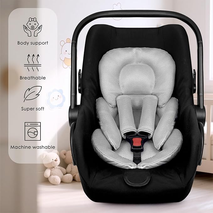 Infant Car Seat Insert for Newborn Girls Boys, Summer Mesh Baby Carseat Head Support with Strap Pads, Soft Reversible Baby Car Seat Insert Cushion Pad for Car Seat, Stroller, Bouncer, Swing, Gray-BubblyBeeBaby