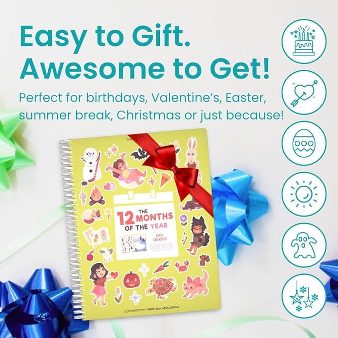 12 Months Sticker + Coloring Book (500+ Calendar Stickers for Kids & 12 Coloring Pages) Side by Side Activity Book, Fun Sticker Books, Boys & Girls Ages 2-4, 4-8, 8-10-BubblyBeeBaby