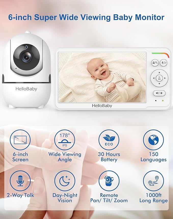 HelloBaby Baby Monitor with 6" World First IPS Screen 30-Hrs Battery, No WiFi Video Baby Monitor Camera and Audio, Remote Pan/Tilt/Zoom, ECO, VOX, 2-Way Talk, Night Vision, 1000ft, Portable for Travel-BubblyBeeBaby