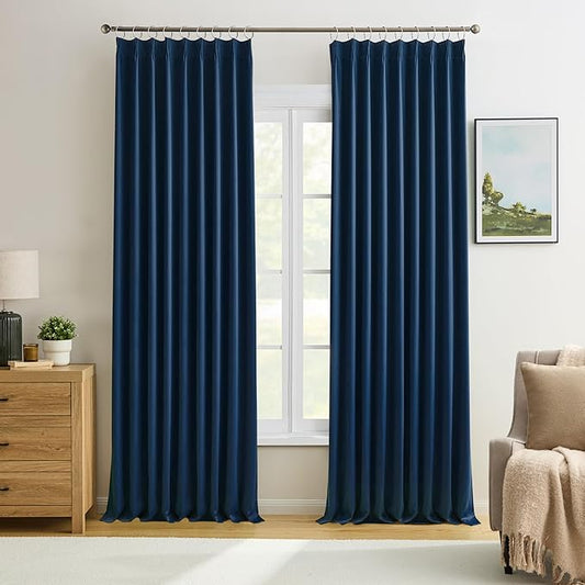 KEQIAOSUOCAI 2 PCs Navy Blue Pleat Wide Drapes for Sliding Glass Door 60 Wide x 95 Inch Long, Privacy Light Block Noise Reduce Insulated Ceiling to Floor for Locker Room Basement Bedroom Closet-BubblyBeeBaby