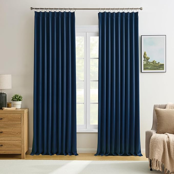 KEQIAOSUOCAI 2 PCs Navy Blue Pleat Wide Drapes for Sliding Glass Door 60 Wide x 90 Inch Long, Privacy Light Block Noise Reduce Insulated Ceiling to Floor for Locker Room Basement Bedroom Closet-BubblyBeeBaby