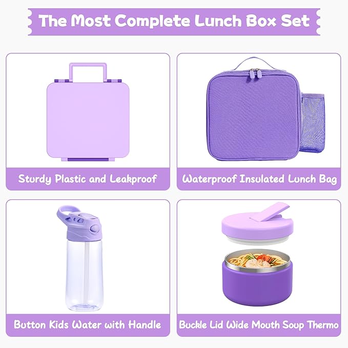 Kids Bento Lunch Box with 8oz Soup Thermo, Water Bottle, Kids Leakproof Lunch Food Containers with 4 Compartment, Insulated Hot Food Jar with Lunch Bag for School, Trvael (Purple)-BubblyBeeBaby
