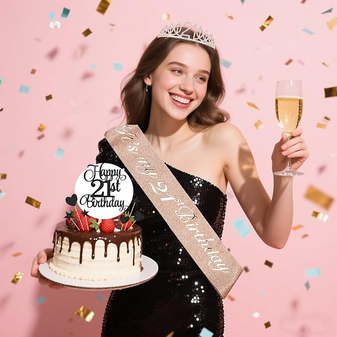 21st Birthday Decorations for Girls Women - 56pcs Rose Gold Happy 21st Banner, 21st Birthday Crown Sash, Cake Topper, Number 21 balloons, 3D Butterflies, 4 Balloon Stands kits-BubblyBeeBaby