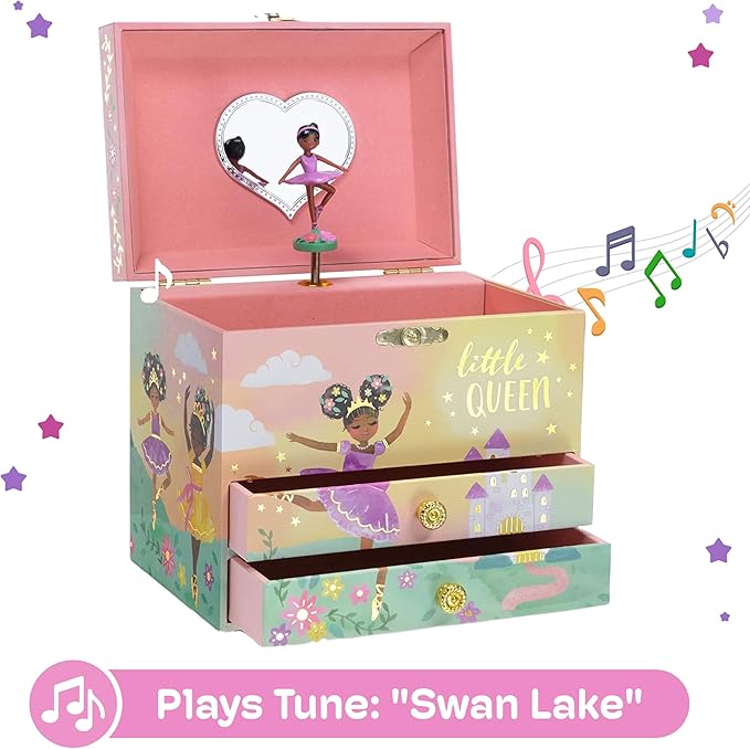 Jewelkeeper Jewelry Box for Girls - 2-Drawer Music Box with Little Queen Ballerina Dancing to Swan Lake, Cute Pink Design, Keepsake Storage for Treasured Accessories - 6.75 x 5.25 x 6 inches-BubblyBeeBaby