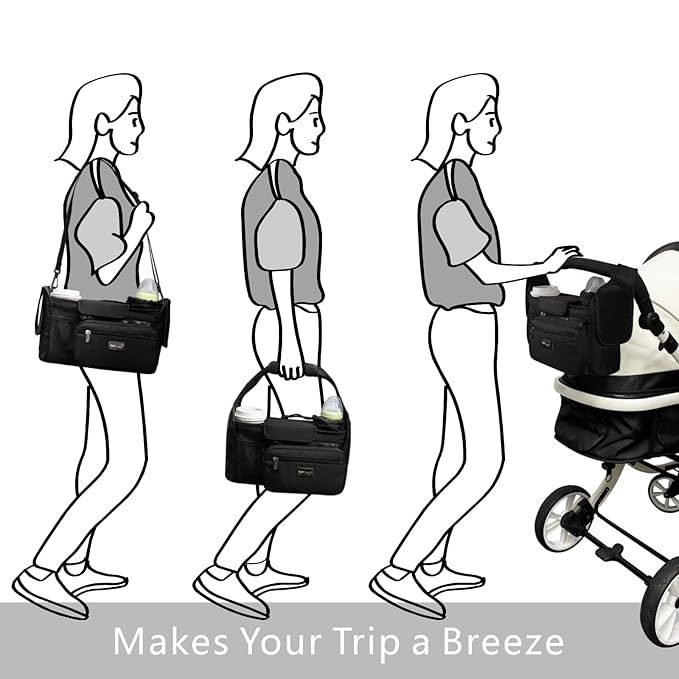 TOPDesign Universal Baby Stroller Organizer, Stroller Caddy with Heightened Insulated Cup Holders & Non-Slip Secure Hooks Accessories, Fits Most Strollers, Machine Washable (Black)-BubblyBeeBaby