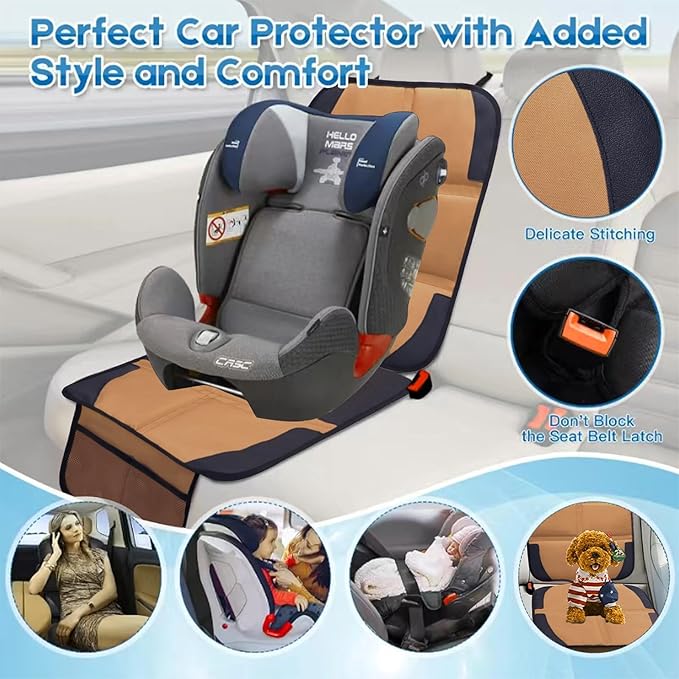 Car Seat Protector for Child Car Seat, 2 Pack Baby Car Seat Covers with Mesh Pockets & Non-Slip Backing 600D Durable Seat Protector (Brown, Standard)-BubblyBeeBaby