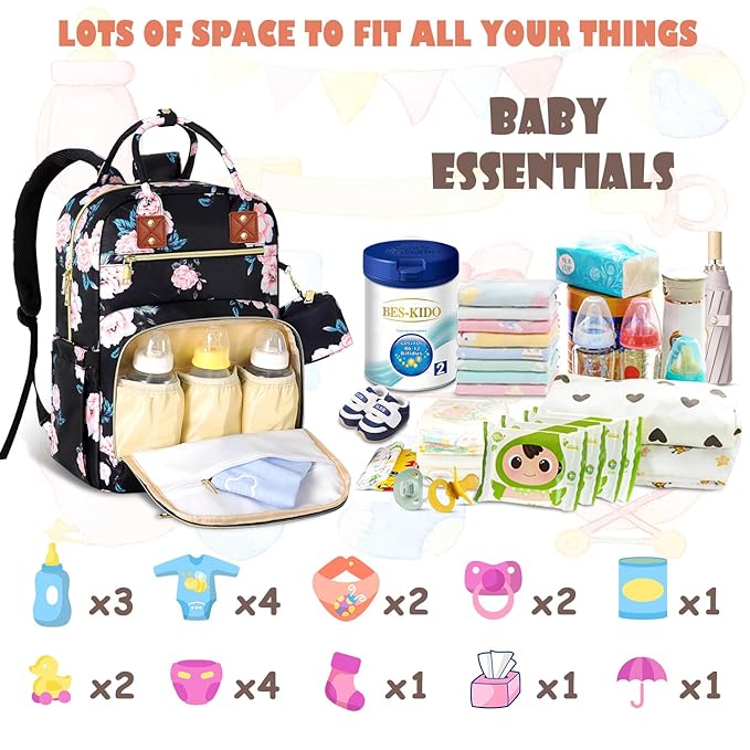 Baby Diaper Bag Backpack, Travel Diaper Bags for Girl Boy Large Capacity Baby Bag Backpack for Women Black Floral-BubblyBeeBaby