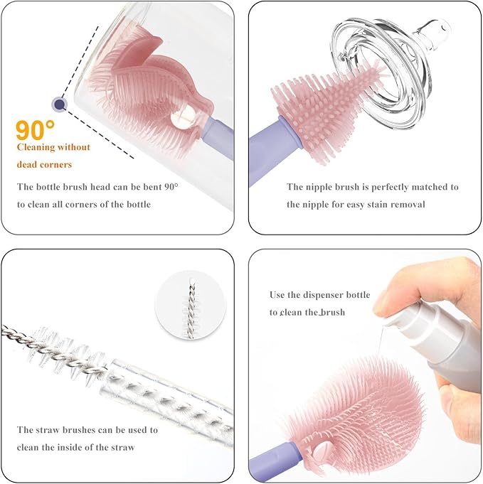 HOEREV Portable Baby Silicone Bottle Brush Set Include Pacifier Brush, Straw Brush, draining Rack, Portable Box-BubblyBeeBaby