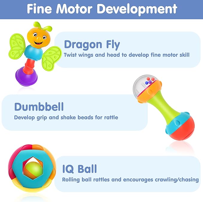 iPlay, iLearn 10pcs Baby Rattles Toys Set, Infant Grab Shake Rattle, Easy Hold Sensory Teether, Babies Development Learning Music Toy, Newborn Shower Birthday Gift 1 2 3 4 5 6 7 9 10 12 Month Boy Girl-BubblyBeeBaby