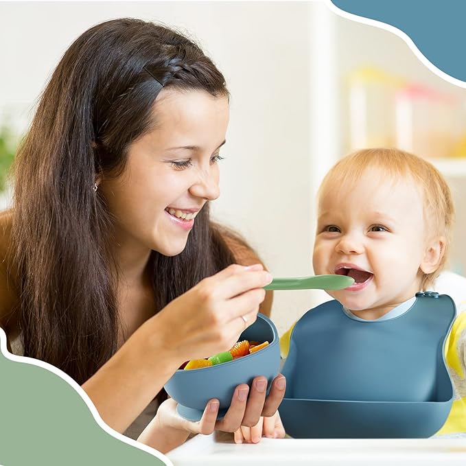 10 Pack Silicone Baby Feeding Set, Toddlers Led Weaning Feeding Supplies with Suction Baby Bowl Divided Plate Adjustable Bib Soft Silicone Spoon Fork, Infant Self Eating Utensil Set (Blue, Green)-BubblyBeeBaby