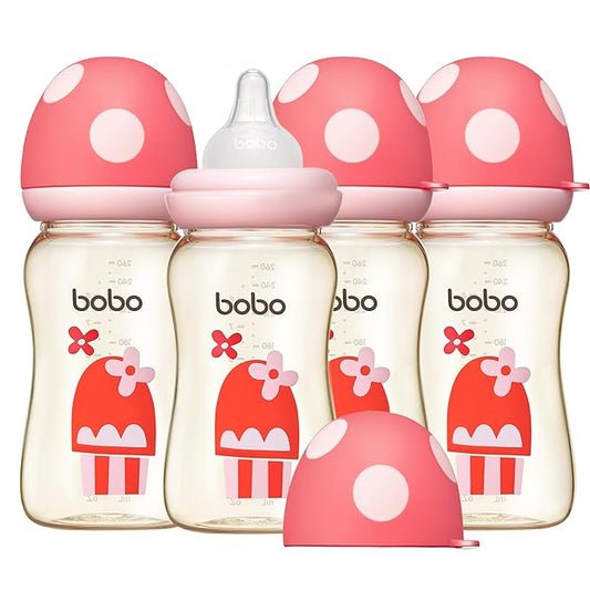 YOHKOH PPSU Baby Bottle Wide Neck, Newborn Anti-Colic Baby Bottle with Natural Response Nipple, Streamlined Body, Easy to Clean (8.8oz (Pack of 4), Red)-BubblyBeeBaby