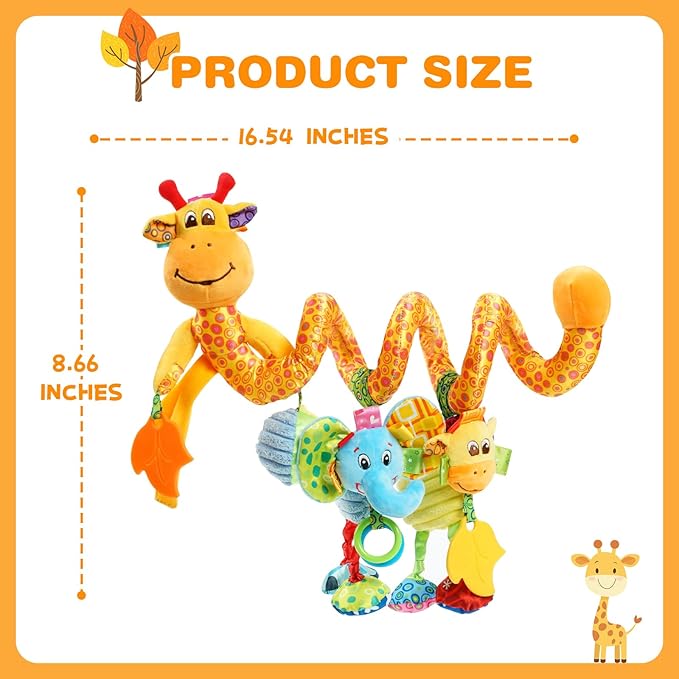 Jollybaby Crib Stroller Car Seat Toys for Baby 0-3-6-9-12 Months, Tummy Time Hanging Sensory Toys for Newborn with Music Box and Teether, Spiral Carseat Toy for Infant Boys Girls Gifts (Giraffe)-BubblyBeeBaby