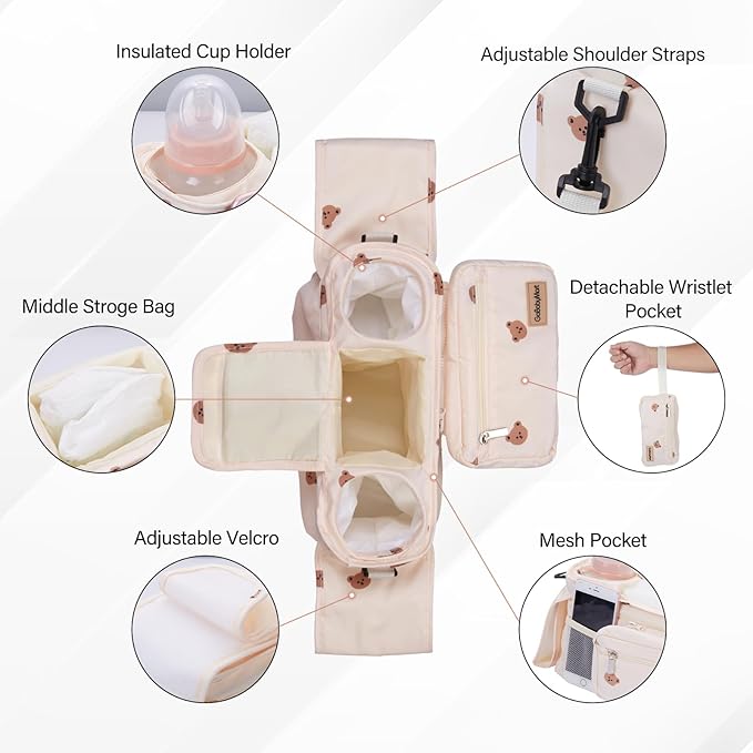 Universal Stroller Organizer with Cup Holders, Detachable Wristlet | Fits All Strollers | Stroller Diaper Bag Organizer with Phone Pocket, Insulated Bottle Holder & Storage Compartments-BubblyBeeBaby