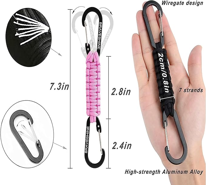 BRAVESHINE Paracord Keychain Carabiner Clip, D Ring Lanyard Hanger Stroller Hook for Water Bottle, Key, Backpacks, Men, Women-BubblyBeeBaby