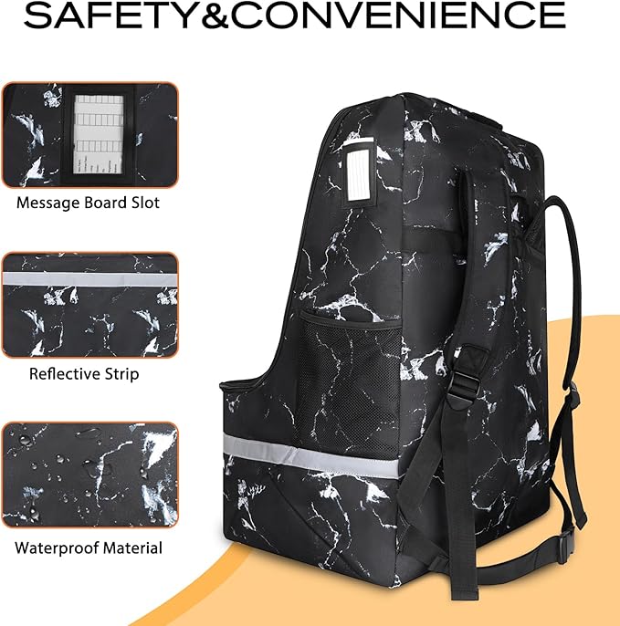 Car Seat Travel Bag for Airplane,Infant Seat Travel Bag with Shoulder Strap,Padded Car Seats Backpack with Reflective Stripes,Large Carseat Carrier Bag Travel Car Seat Cover, Black marble-BubblyBeeBaby