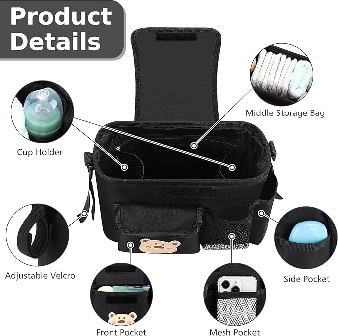 Accmor Universal Stroller Organizer with Cup Holder and Shoulder Strap, Stroller Bag Caddy Organizer Stroller Accessories for Uppababy, Baby Jogger, Nuna, Doona, Britax Strollers-BubblyBeeBaby