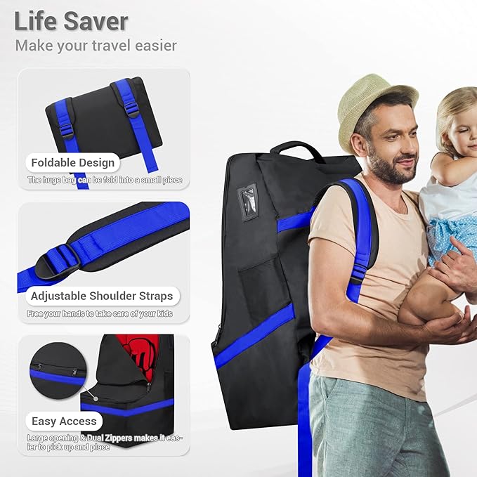 Car Seat Travel Bag - Padded, Comfortable, Durable, Roomy Gate Check Carseat Cover Backpack Fits 3-in-1，Convertible, Booster & Infant Car Seats for Airplane, Airport, Blue-BubblyBeeBaby