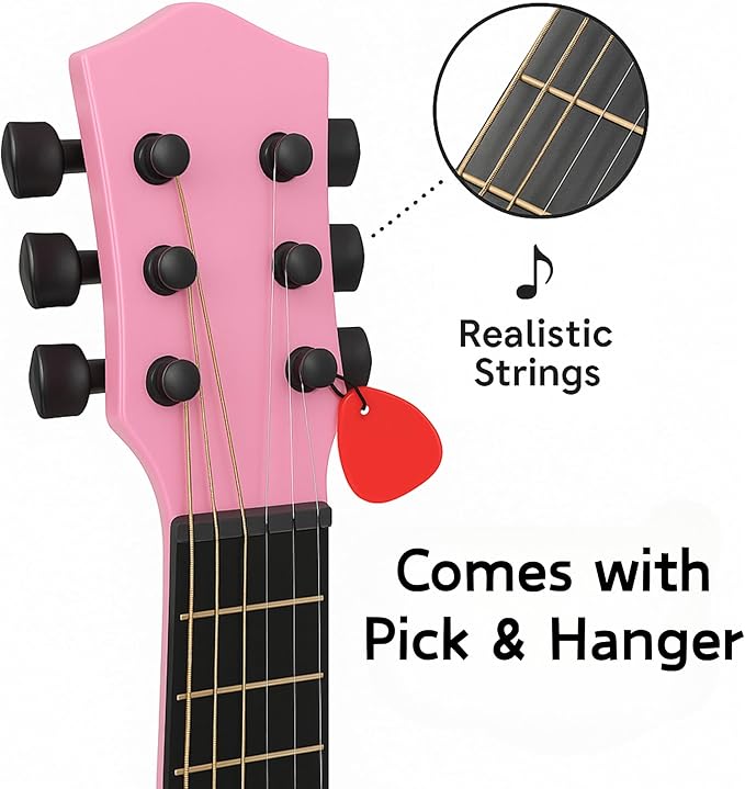 23" Acoustic Guitar, Kids 6 String Toy Guitar - Realistic Steel Strings - Beginner Practice First Musical Instrument for Children, Toddlers (Pink)-BubblyBeeBaby