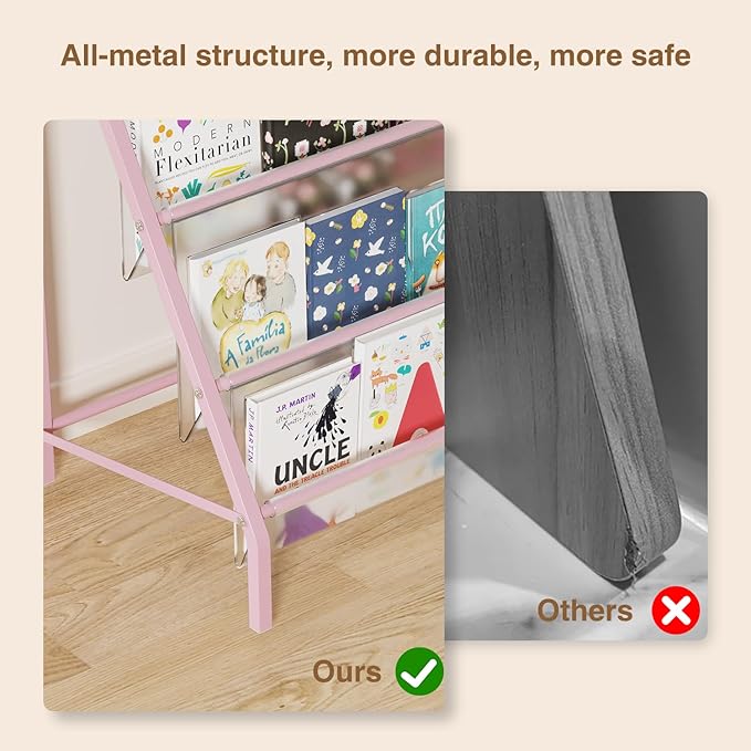 High-Transparent 4 Tier Kids Bookshelf, Sturdy Metal Large Size Book Rack Storage for Kids - Toddler Book Shelf Display for Nurasery, Playroom or Kids Room, Bookshelf Hold More Books - Pink-BubblyBeeBaby