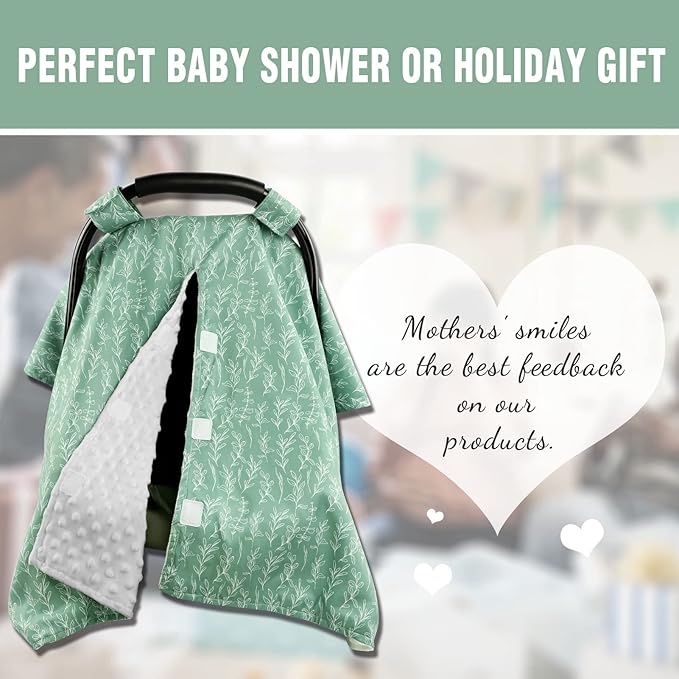 Baby Car Seat Canopy Soft Minky Plush Dotted Backing Baby Car Seat Cover Girls, Infant Carseat Canopy, Stretchy Multi- use Nursing Cover for Stroller/High Chair/Shopping Cart/Car Seat Canopies Sage-BubblyBeeBaby
