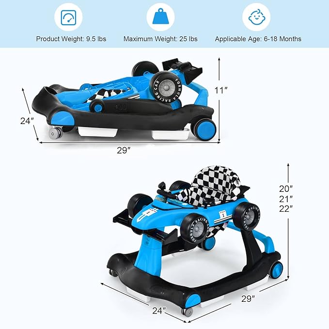 HONEY JOY 4-in-1 Baby Walker, Activity Push Walker w/3 Adjustable Heights, Smooth Wheels w/Adjustable Speed, Padded Seat, Music & Light, Foldable Car Walker for Baby Boys Girls Age 6 Months+ (Blue)-BubblyBeeBaby