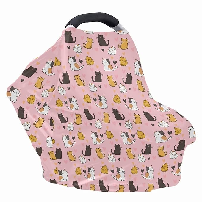 Binienty Baby Car Seat Covers - Cartoon Kitten Infant Carseat Canopy Multi-use Stretch Nursing Cover for Breastfeeding-BubblyBeeBaby