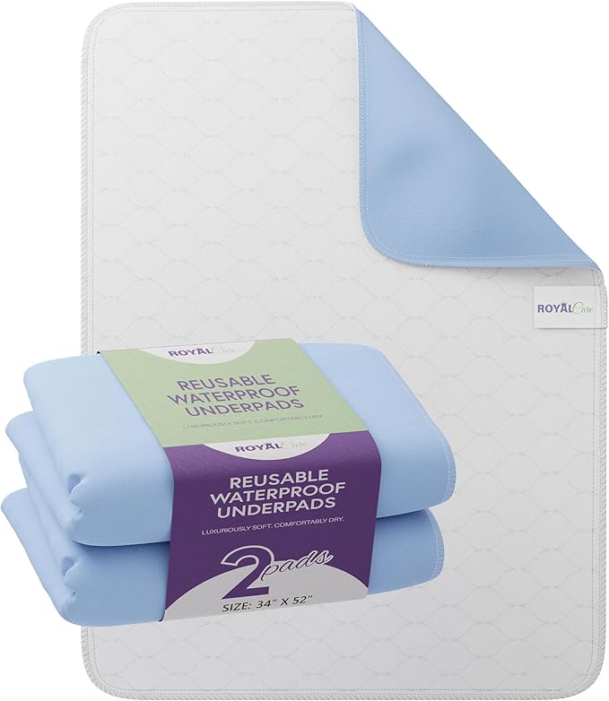Incontinence Bed Pads - 2 Pack 34"x 52" Reusable Waterproof Mattress Protectors - Highly Absorbent, Machine Washable - for Children, Pets and Seniors - Blue - Royal Care-BubblyBeeBaby