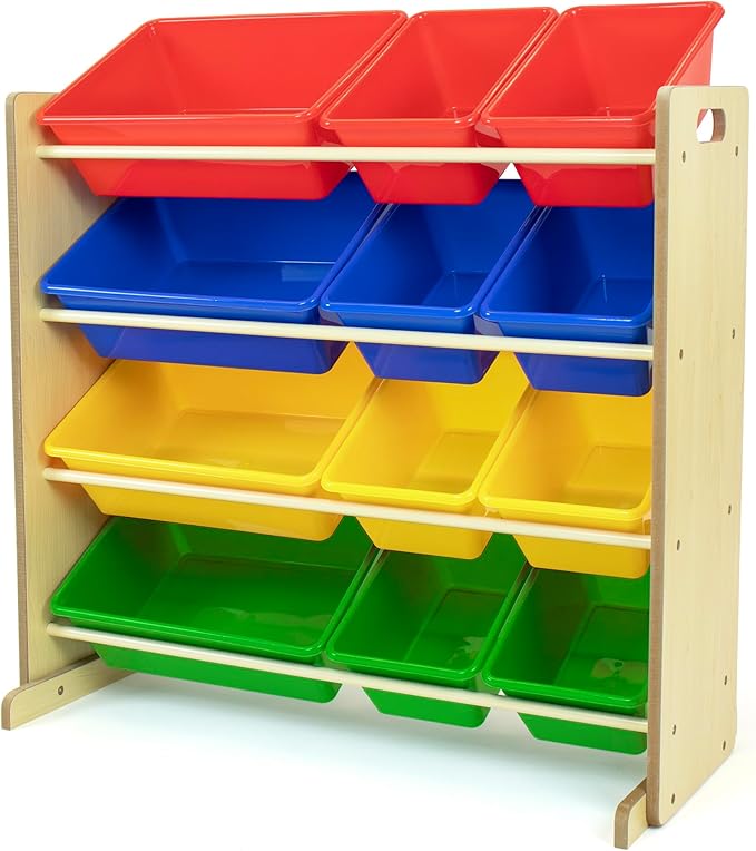 Humble Crew, Natural/Primary Kids' Toy Storage Organizer with 12 Plastic Bins, 34*35*15.5inch-BubblyBeeBaby