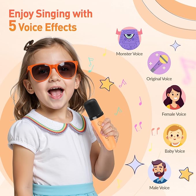 Karaoke Machine for Kids Adults: Mini Portable Karaoke Machine with 2 Wireless Microphones and Lights, Christmas Birthday Gifts for Girls Boys Family Home Party(Orange)-BubblyBeeBaby