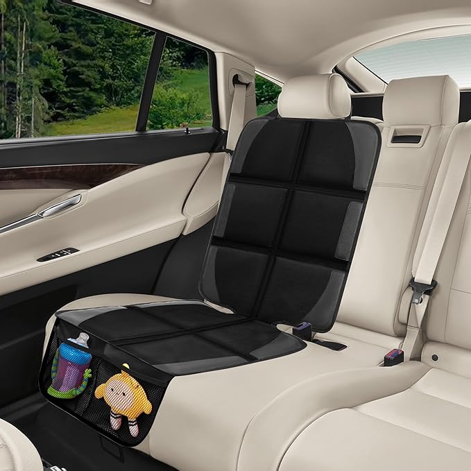 Car Seat Protector for Child Car Seat, 2 Pack Baby Car Seat Covers with Mesh Pockets & Non-Slip Backing 600D Durable Seat Protector Under Baby Car Seat for Car Back Seat (Black, Large)-BubblyBeeBaby