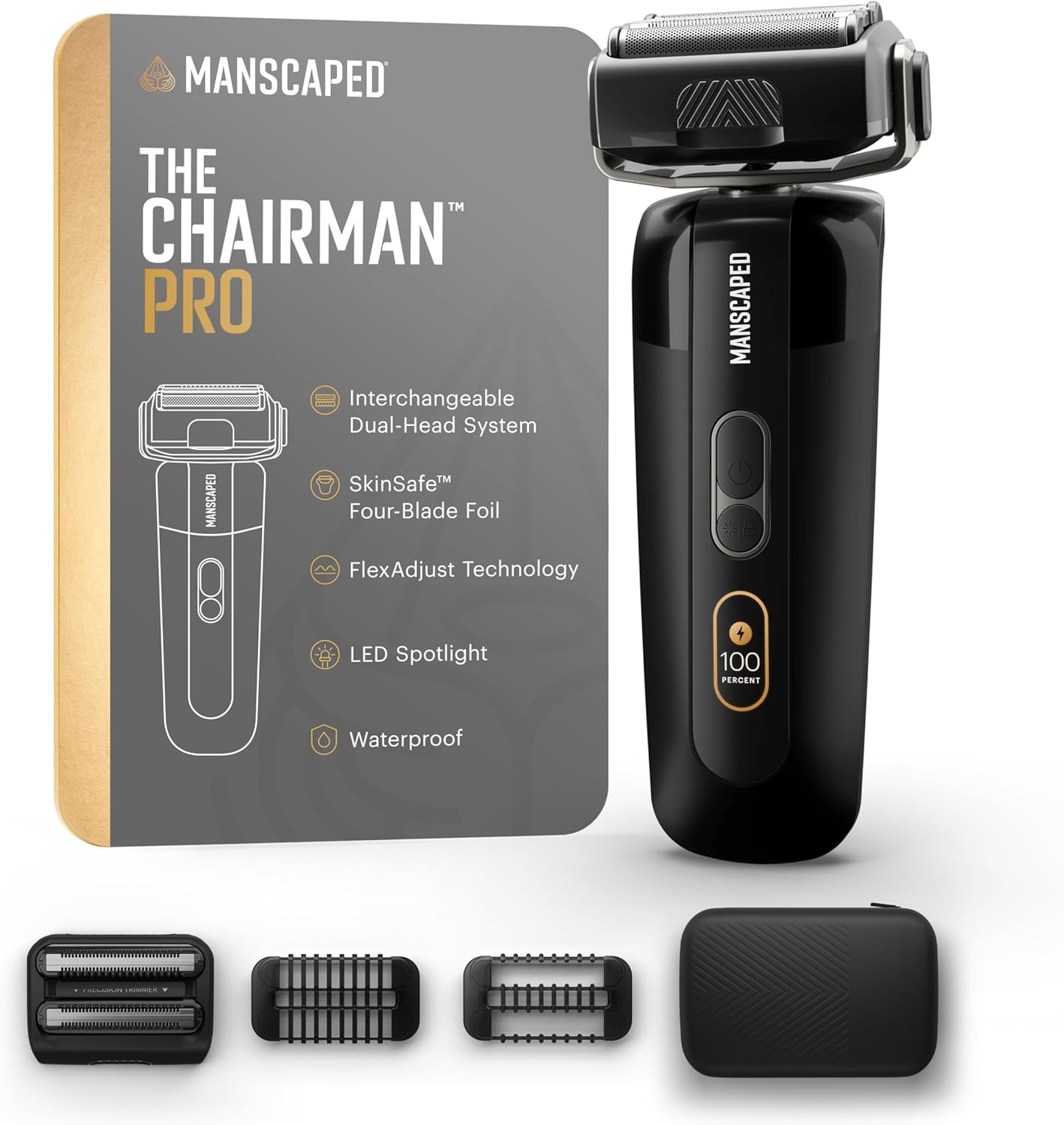 MANSCAPED® The Chairman™ PRO Men’s Electric Foil Face Shaver - Two Interchangeable Blade Heads, SkinSafe® Four-Blade Foil & Stubble Trimmer, USB-C Wireless Compatible Charging, Gentle on Neck