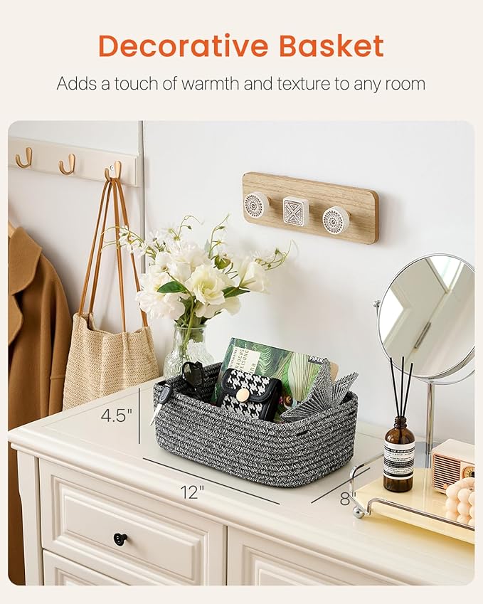 KALLAX Small Woven Basket, 12 x 8 x 4.5 Inches, Storage Basket for Organizing, Cute Small Rope Shelf Closet Cube Storage Bins Baskets for Shelves, Dog Toy Gift Baskets Empty, 3 Pack Mixed Black-BubblyBeeBaby