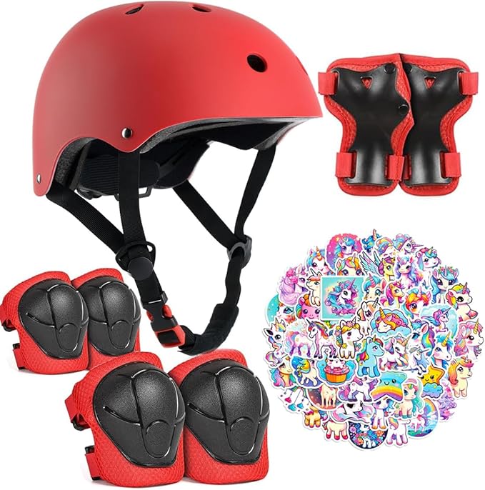 Kids Bike Helmet with Knee Elbow Wrist Pads Guards,Pink,for Ages 2-3-5-8-14,Sports Bicycle,Skate Scooter,Rollerblading with Unicorn Sticker-BubblyBeeBaby