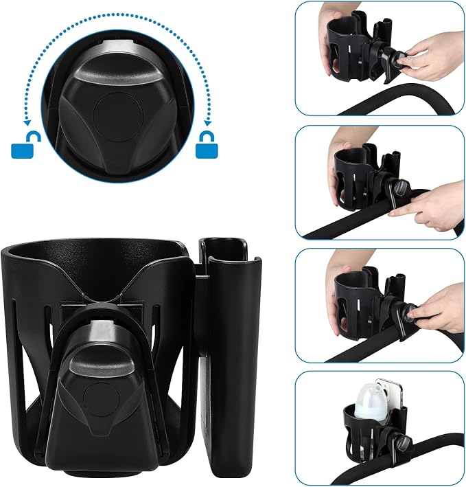 Accmor Universal Cup Holder, Stroller Cup Holder with Phone Holder, 360° Rotatable Large Caliber Designed Bottle Holder for Stroller, Bike, Wheelchair, Walker, Scooter-BubblyBeeBaby