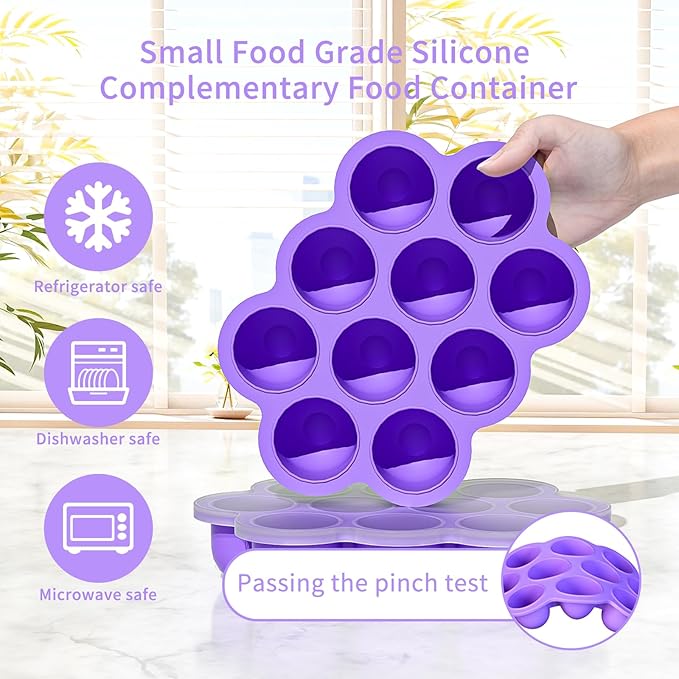 10 Cavities 2 OZ Portions Silicone Baby Food Freezer Tray with Lid,Ice Cube Trays & Molds,Baby Popsicle Mold,Egg Bite Molds,for Freezing and Baking Breast Milk,ice Cube,Egg Bites(Purple)-BubblyBeeBaby