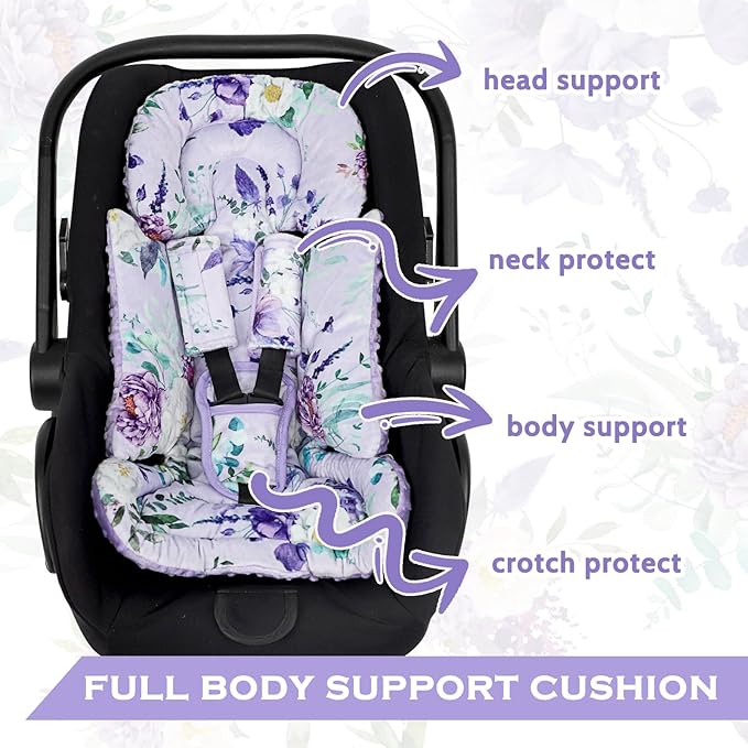 Infant Car Seat Insert and Strap Covers, Very Soft Car Seat Head Support Baby Girl Boy, Reversible Newborn Carseat Insert Cushion Fits for Stroller, Baby Swing, Bouncer (Purple Floral)-BubblyBeeBaby