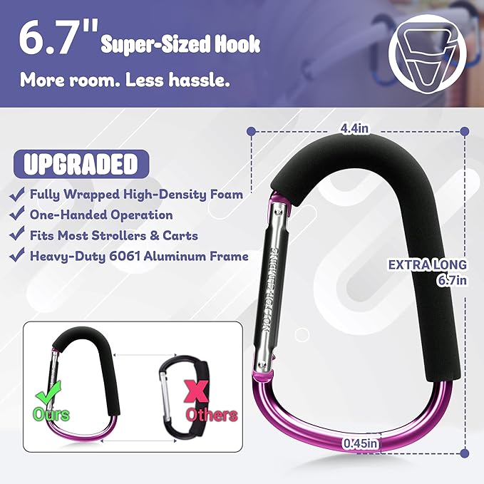 sprookber 6.7 Inch Large Stroller Hooks for Diaper Bags & Purses, Heavy Duty Mommy Hooks for Shopping, Grocery, Backpack – Baby Stroller Accessories, Set of 2 (Pink)-BubblyBeeBaby