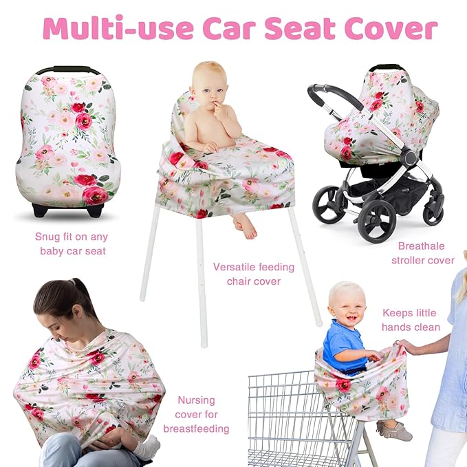 Rquite All-in-1 Car Seat Cover Baby, Carseat Covers for Girl Boy, Stretchy Soft Infant Car Seat Cover, Multi-use Baby Carrier Cover, Car Seat Canopy, Stroller Sun Shade, Nursing Breastfeeding Cover-BubblyBeeBaby