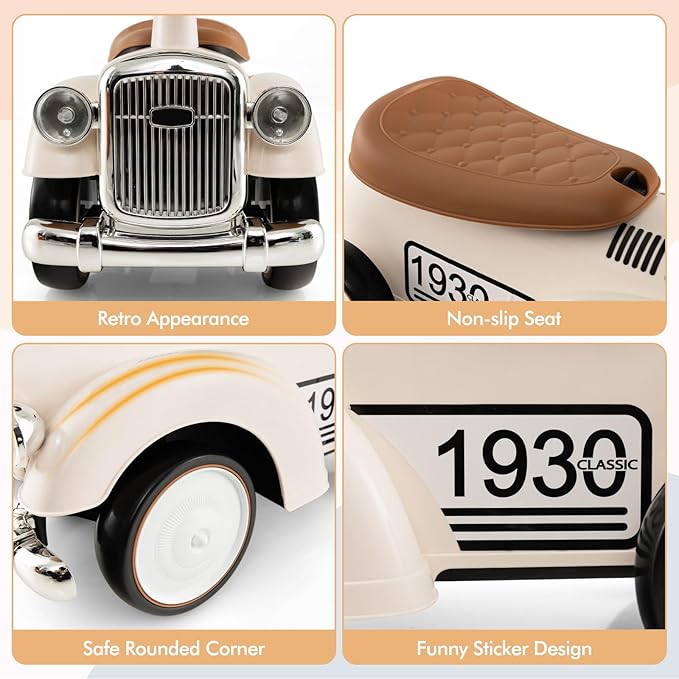 HONEY JOY Ride On Push Car, Outdoor Toddler Riding Toys w/Steering Wheel, Horn & Storage, Foot-to-Floor Sliding Car, No Batteries, Retro Baby Ride On Toys for Boys and Girls (White)-BubblyBeeBaby