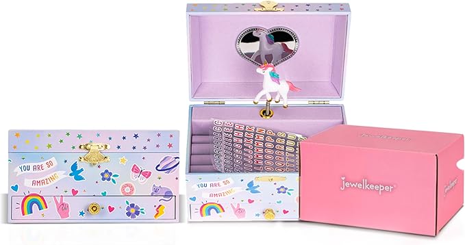 Jewelkeeper Musical Jewelry Box with Alphabet Sticker - Personalize with Names - with 1 Pullout Drawer and Spinning Unicorn Doll - Beautiful Dreamer Tune - Ideal for Kids 5 and Up - 5.37"Lx7.25"Wx4"H-BubblyBeeBaby