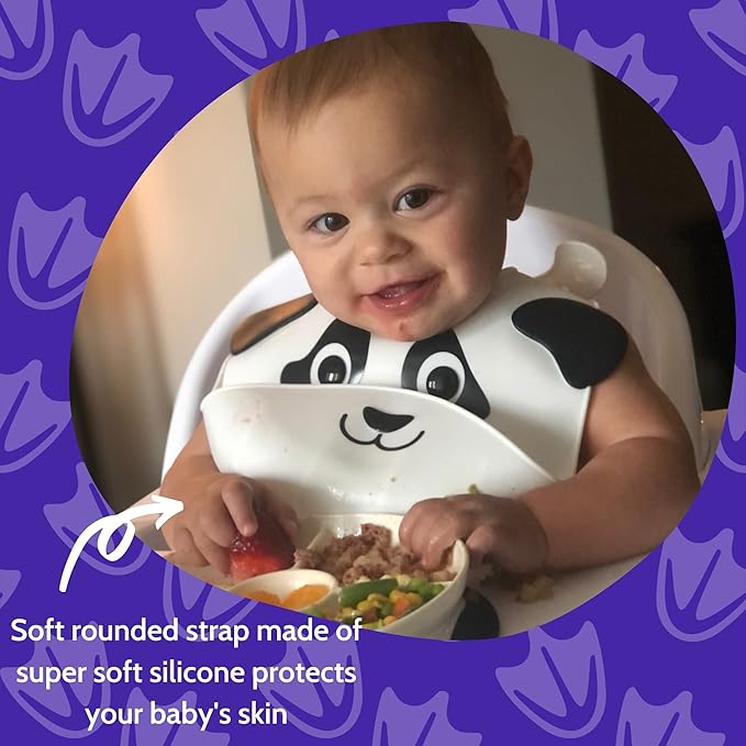 Silly Goose Silicone Animal Baby Bibs for Babies and Toddlers, Waterproof, Adjustable, Soft, Extra Wide Food Catcher Pocket (Baby Panda)-BubblyBeeBaby