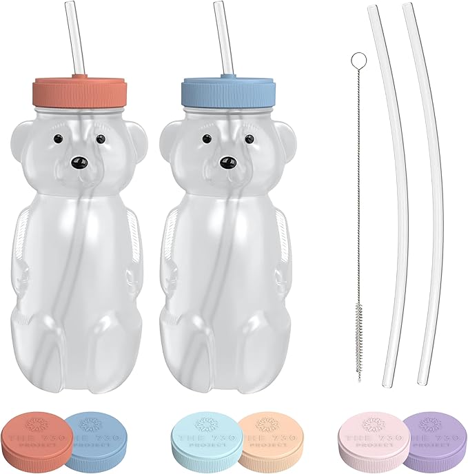 Honey Bear Straw Cup for Babies, 2-Pack Honey Bear Bottle with Travel Lid, Therapy Learning Honeybear Straw Cup, Baby Bottle Set, 8 oz, Blueberry Pie & Firetruck-BubblyBeeBaby
