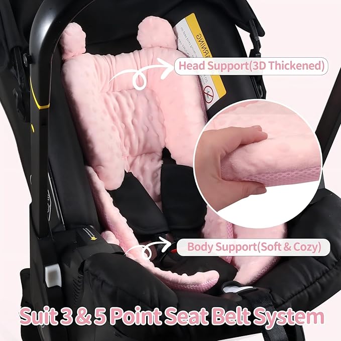 3in1 Reversible Carseat Head Body Support Newborn,3D Minnky Infant Car Seat Insert,Extra Soft Breathable Baby Car Seat Pillow Cushion Boys Girls,fit Stroller,Bouncer,Swing(Pink)-BubblyBeeBaby