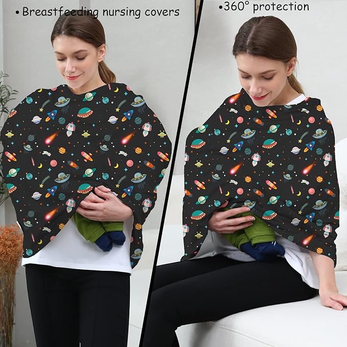 Carseat Covers Unisex - Black Creative Spacecraft Pattern Car Seat Canopy Cover for Babies, Multi-use Breastfeeding Cover, Baby Shower Gifts for Boy and Girls-BubblyBeeBaby