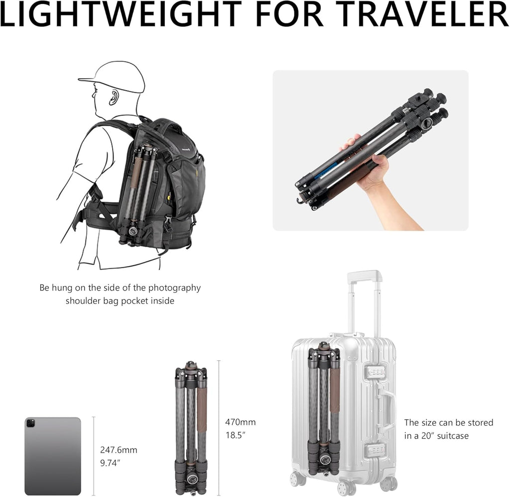 Carbon Fiber Lightweight Travel Tripod with Ball Head, Removable Center, Maxload 10kg, Weight 1.66kg, Folded 470mm (LX-284CT+XB-38)