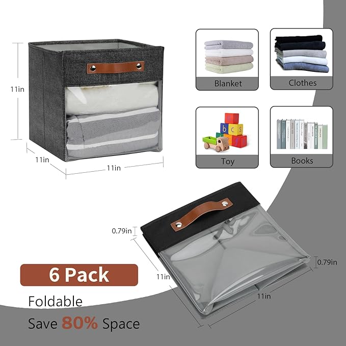 HNZIGE Fabric Cube Storage Bins 11 x 11, Collapsible Storage Cubes Bins for Storage Shelves,Foldable Cube Storage Bins for Storage, Cubby Closet Clear Bins for Storage Blanket(Prints Black 6PCS)-BubblyBeeBaby