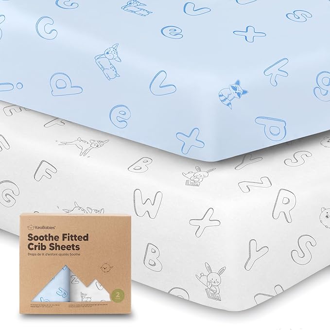 KeaBabies 2-Pack Organic Crib Sheets for Boys, Girls - 52x28 Fitted Crib Mattress Sheet Neutral, Breathable Jersey Cotton Cover for Baby Bed, Toddler Mattress, Soft & Cute Prints (ABC Land Sky)-BubblyBeeBaby